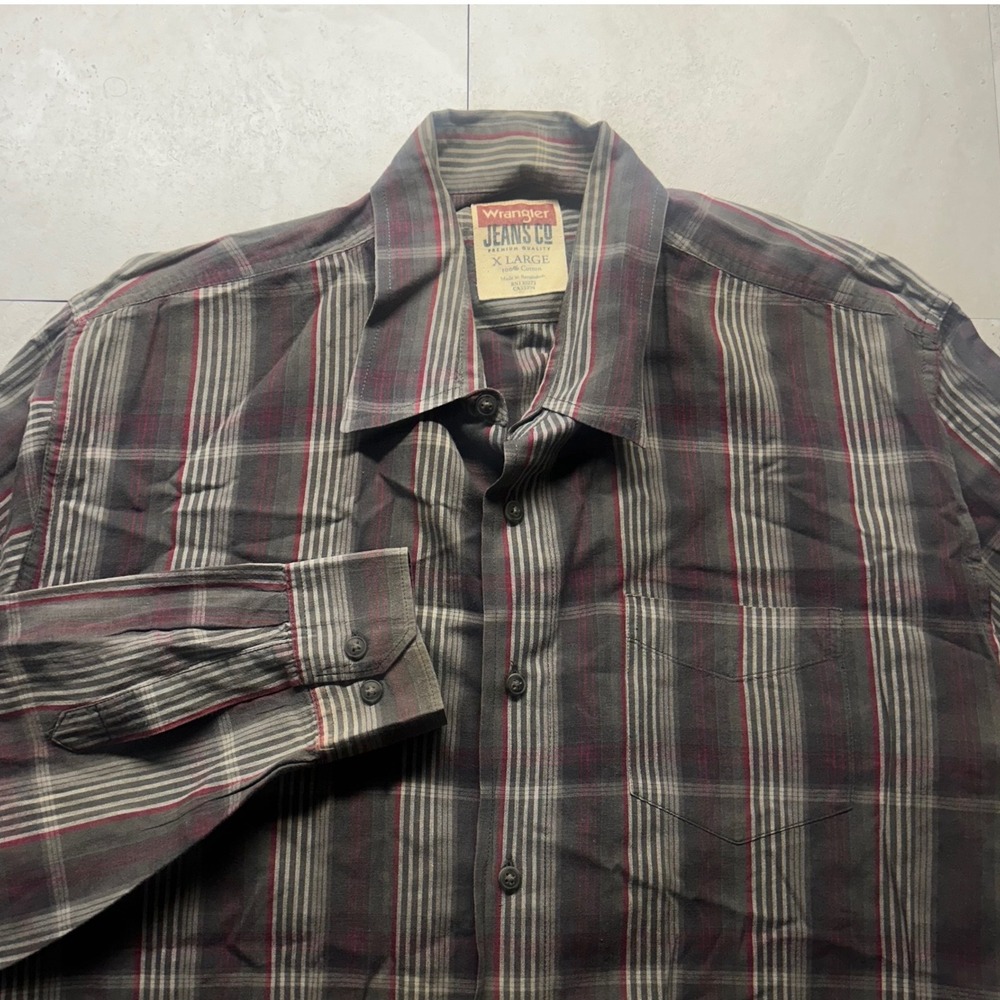 Wrangler Jeans Co Plaid Button Down Shirt Grey Burgundy Mens XL Long Sleeve
